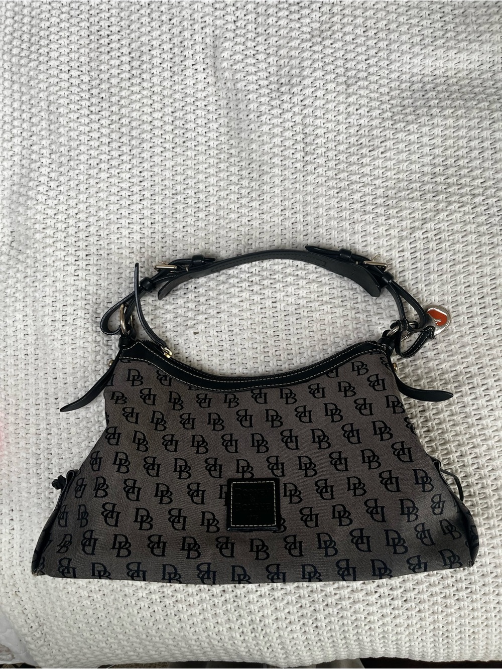 Dooney & Bourke Canvas Gray Logo Jacquard Shoulder Hobo Bag Black Leather Trim - Picture 1 of 16